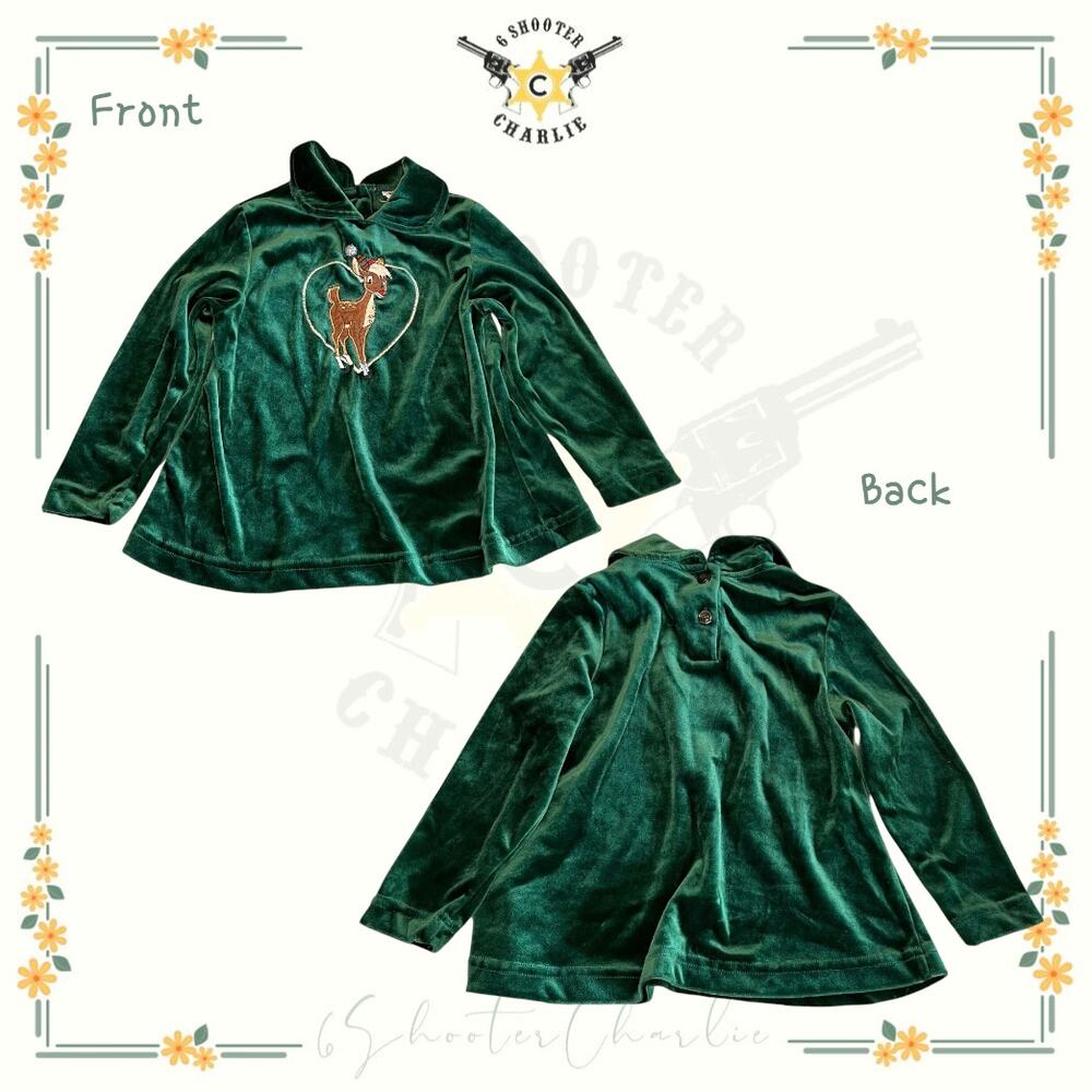Rudolph Toddler Girls 4T Dark Green Velvet Embroidered Top Sweater Christmas
